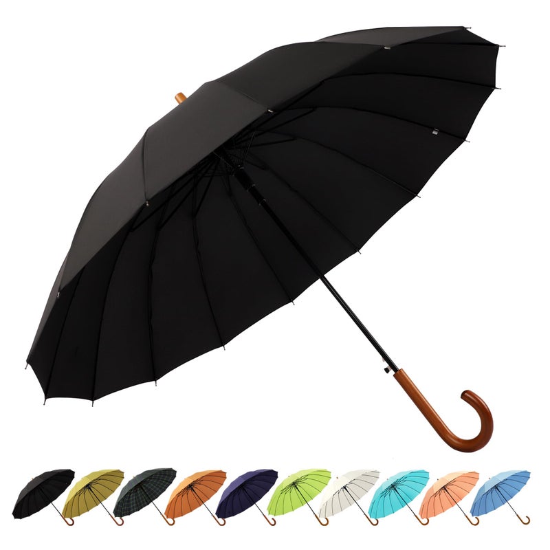 SoulRain 16 Ribs 48 Stick Umbrella Auto Open Solid Color Fashionable and SimpleArc Classic Wood HandleWindproof Unbreakable Stick Rain Umbrella Black - Image 2