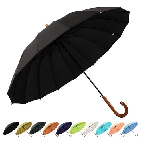 SoulRain 16 Ribs 48 Stick Umbrella Auto Open Solid Color Fashionable and SimpleArc Classic Wood HandleWindproof Unbreakable Stick Rain Umbrella Black - Image 1