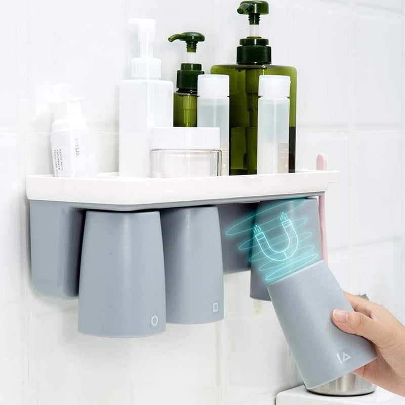 KRUPAVI Toothbrush Holders for Bathrooms, 3 Cups Toothbrush Holder Wall Mounted - Large Capacity Tray for Cosmetic Holder - Bathroom Organizer & Bathroom Organization and Storage (Multi Color) - Image 1