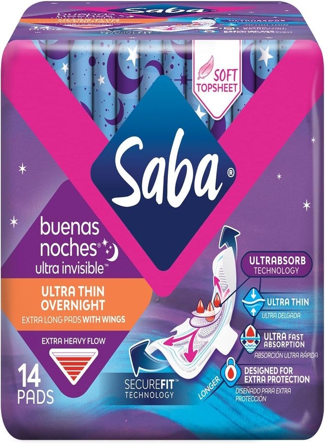 Saba Kombucha SABA Ultra Invisible Ultra Thin Night Pads with Wings, Overnight Heavy Absorbency, 4-Pack of 14 Pads (56 Count - Image 2