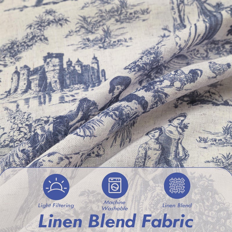 DriftAway Kitchen Curtains Toile Tier Linen Short Curtains Cafe 45 Inch Length for Living Room Bathroom Farmhouse French Country Vintage Printed Pattern Rod Pocket 2 Panels Navy - Image 2