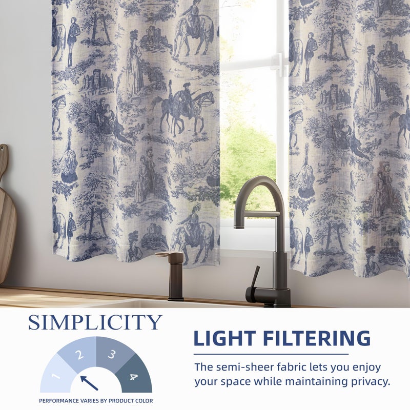 DriftAway Kitchen Curtains Toile Tier Linen Short Curtains Cafe 45 Inch Length for Living Room Bathroom Farmhouse French Country Vintage Printed Pattern Rod Pocket 2 Panels Navy - Image 4