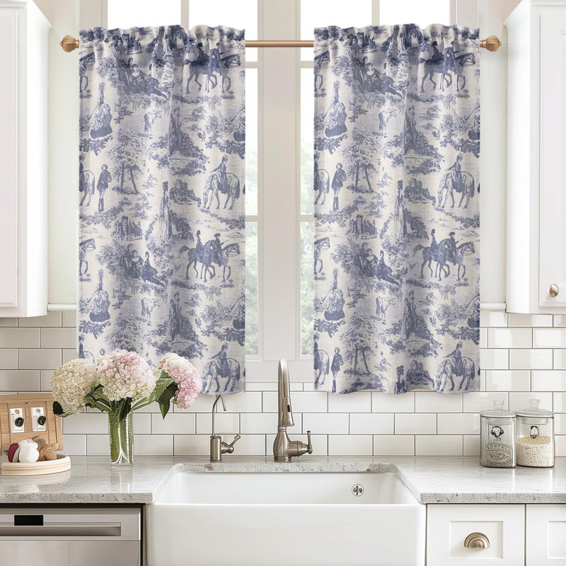 DriftAway Kitchen Curtains Toile Tier Linen Short Curtains Cafe 45 Inch Length for Living Room Bathroom Farmhouse French Country Vintage Printed Pattern Rod Pocket 2 Panels Navy - Image 1
