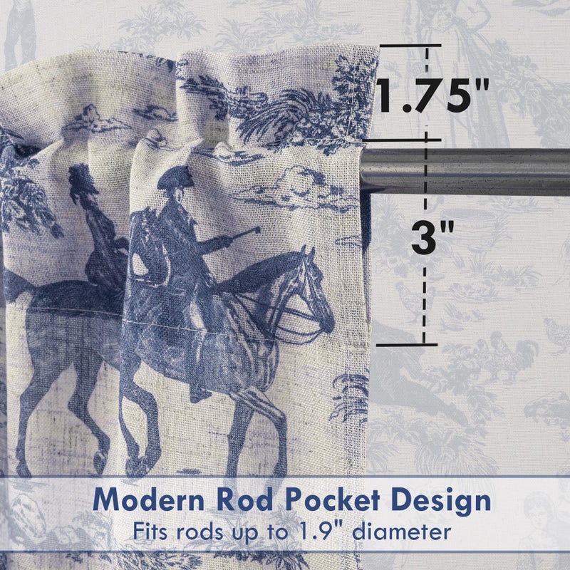 DriftAway Kitchen Curtains Toile Tier Linen Short Curtains Cafe 45 Inch Length for Living Room Bathroom Farmhouse French Country Vintage Printed Pattern Rod Pocket 2 Panels Navy - Image 3