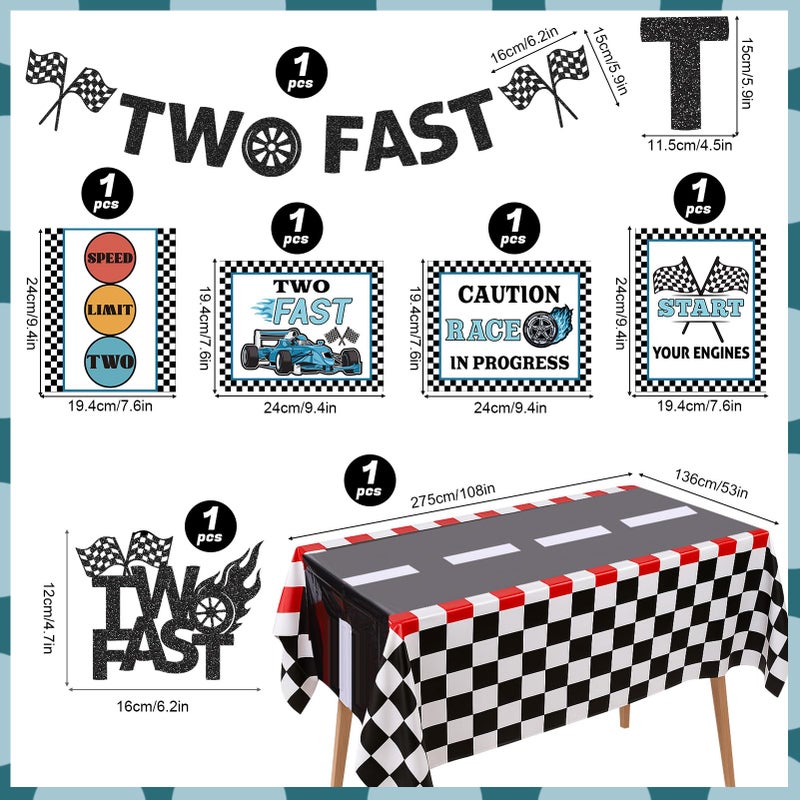 Guiqulai Two Fast Birthday Decor, Race Car Party Supplies Baby Boy 2nd Birthday Decorations Racing Car Party Signs Cake Toppers Foil Balloons Banner Tablecloth Decorations for Boy,Blue - Image 2