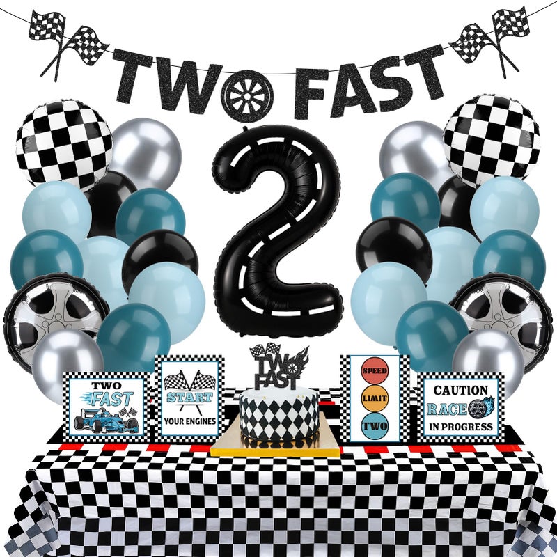Guiqulai Two Fast Birthday Decor, Race Car Party Supplies Baby Boy 2nd Birthday Decorations Racing Car Party Signs Cake Toppers Foil Balloons Banner Tablecloth Decorations for Boy,Blue - Image 1