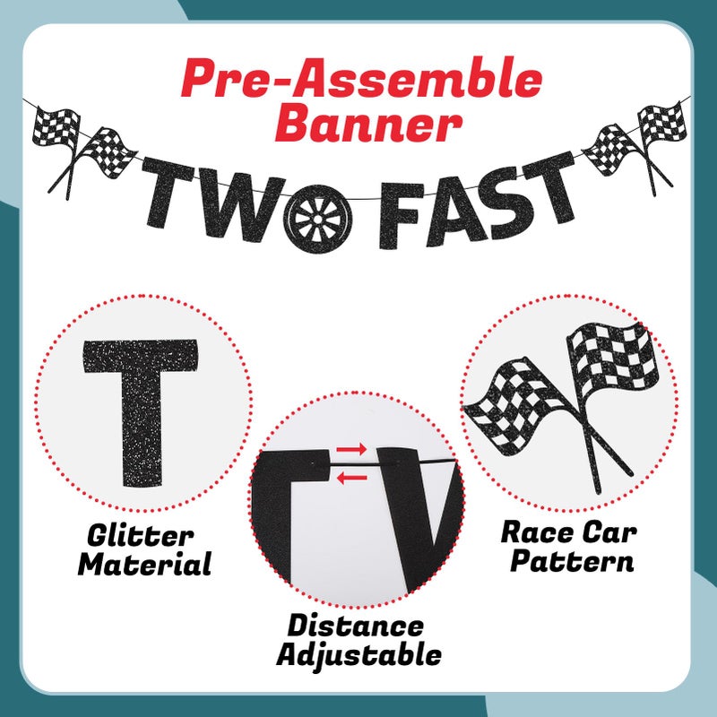 Guiqulai Two Fast Birthday Decor, Race Car Party Supplies Baby Boy 2nd Birthday Decorations Racing Car Party Signs Cake Toppers Foil Balloons Banner Tablecloth Decorations for Boy,Blue - Image 4
