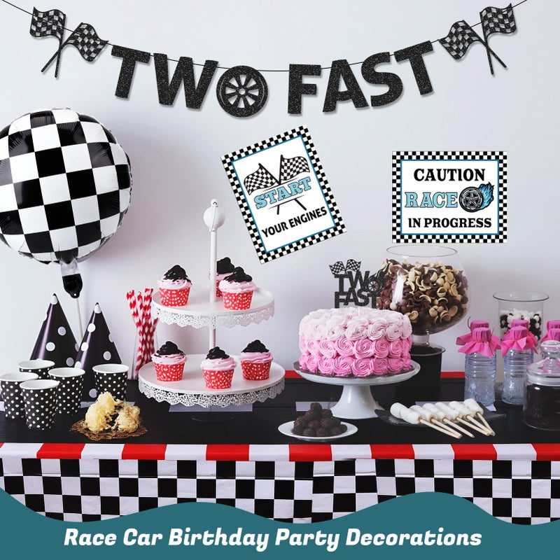 Guiqulai Two Fast Birthday Decor, Race Car Party Supplies Baby Boy 2nd Birthday Decorations Racing Car Party Signs Cake Toppers Foil Balloons Banner Tablecloth Decorations for Boy,Blue - Image 5