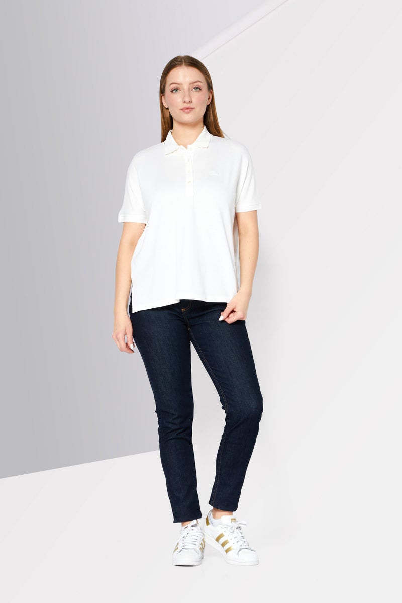 LACOSTE Women Relaxed Fit Brand Logo Short Sleeve Polo Shirts, Light Cream - Image 2