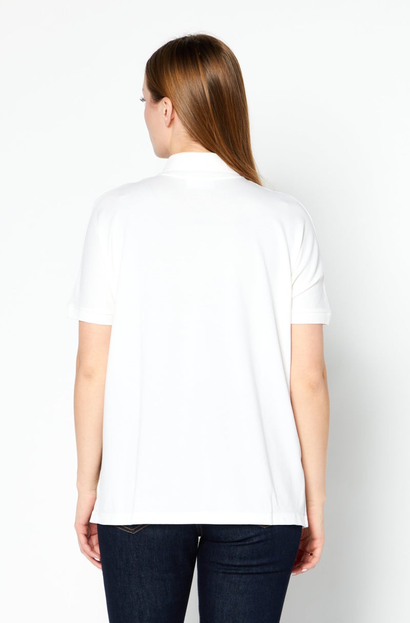 LACOSTE Women Relaxed Fit Brand Logo Short Sleeve Polo Shirts, Light Cream - Image 4