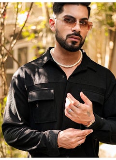 Maniac Mens Solid Collared Neck Full Sleeve Black Knitted Shirt  - Image 3