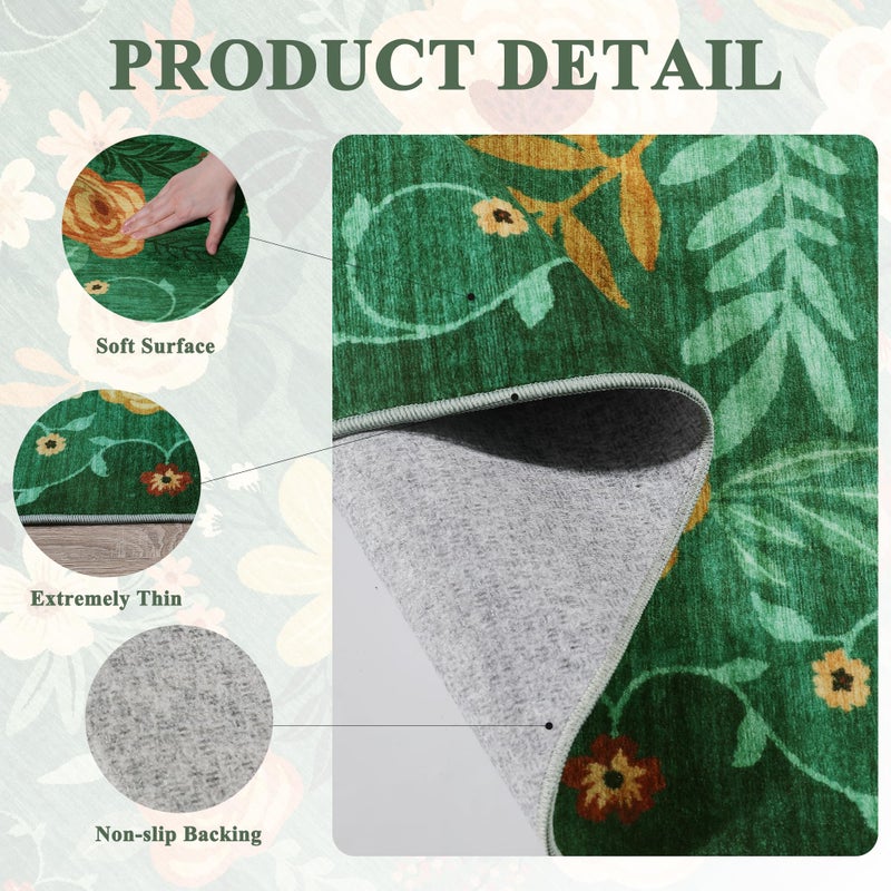 DUKINO 2x3 Rugs for Entryway, Floral Indoor Washable Door Mat, Non Slip Boho Small Rug for Kitchen, Soft Low Pile Front Door Throw Rug for Entrance, Bedroom, Kitchen, Laundry, Bathroom, Dark Green - Image 5