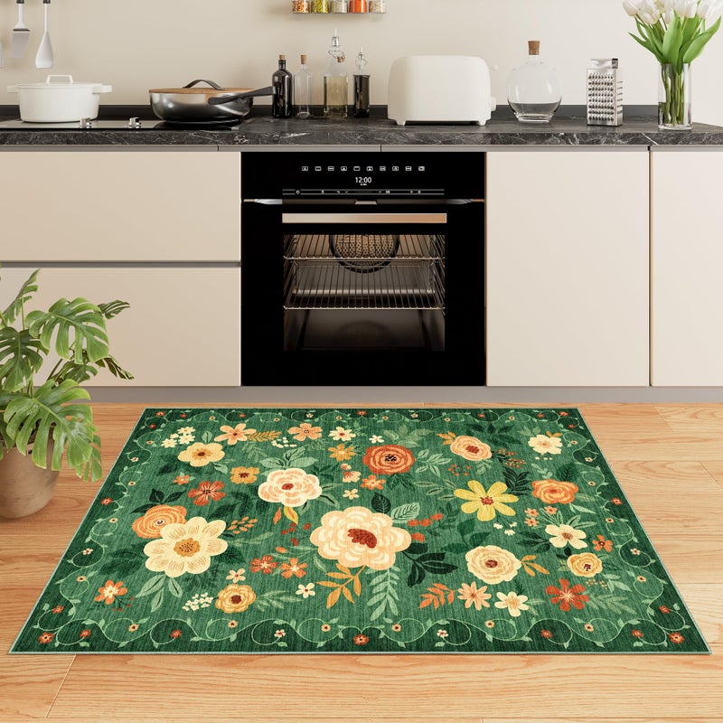 DUKINO 2x3 Rugs for Entryway, Floral Indoor Washable Door Mat, Non Slip Boho Small Rug for Kitchen, Soft Low Pile Front Door Throw Rug for Entrance, Bedroom, Kitchen, Laundry, Bathroom, Dark Green - Image 3