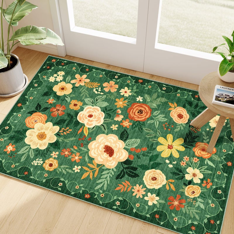 DUKINO 2x3 Rugs for Entryway, Floral Indoor Washable Door Mat, Non Slip Boho Small Rug for Kitchen, Soft Low Pile Front Door Throw Rug for Entrance, Bedroom, Kitchen, Laundry, Bathroom, Dark Green - Image 1