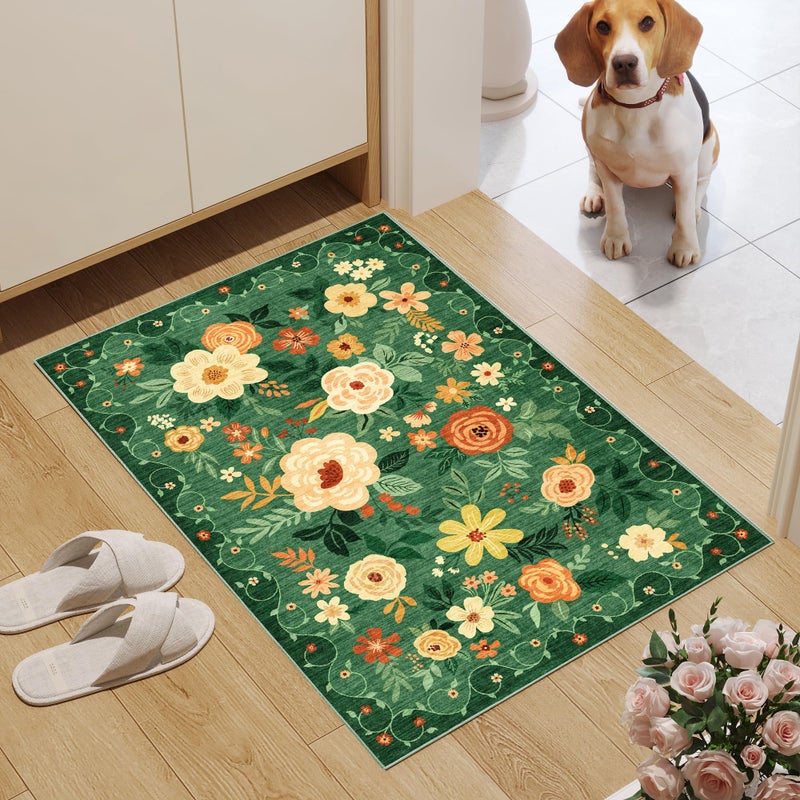 DUKINO 2x3 Rugs for Entryway, Floral Indoor Washable Door Mat, Non Slip Boho Small Rug for Kitchen, Soft Low Pile Front Door Throw Rug for Entrance, Bedroom, Kitchen, Laundry, Bathroom, Dark Green - Image 2