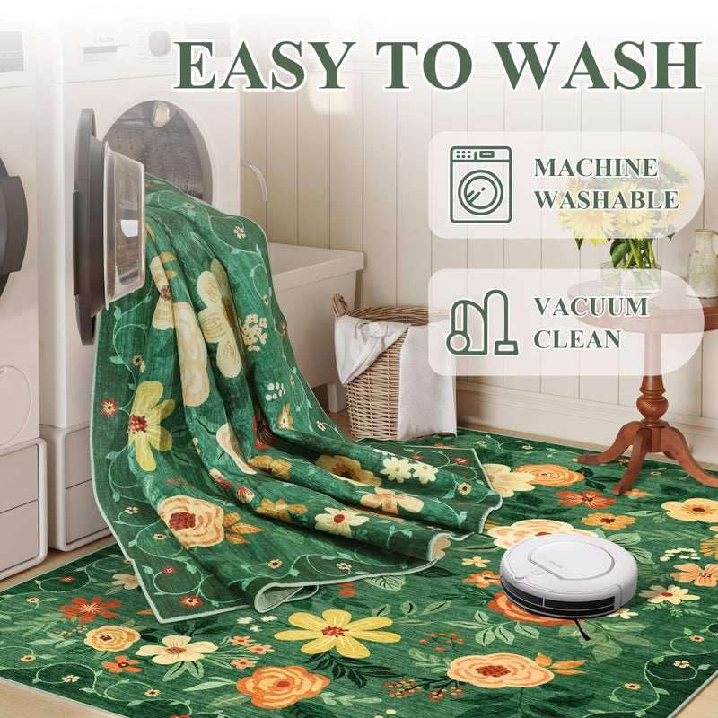 DUKINO 2x3 Rugs for Entryway, Floral Indoor Washable Door Mat, Non Slip Boho Small Rug for Kitchen, Soft Low Pile Front Door Throw Rug for Entrance, Bedroom, Kitchen, Laundry, Bathroom, Dark Green - Image 4