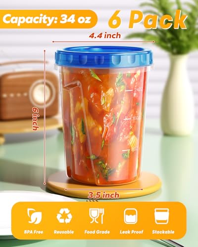 BiuLeon 6 Pack-34 oz Freezer Storage Containers, Plastic Food Storage Containers with Twist Top Lids, BPA Free and Reusable Soup Containers with Lids, Leakproof/Microwave/Dishwasher Safe - Image 2