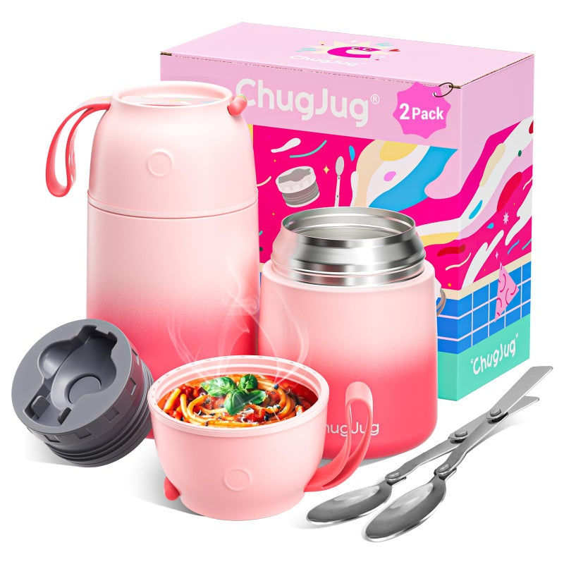 ChugJug 2 Pack Insulated Food Jar 26oz & 18oz, Thermo for Hot Food Vacuum Insulated Soup Container, Leak-Proof Stainless Steel Food Jar with Spoon, Cute Stylish Design for School Office Travel (Pink) - Image 1