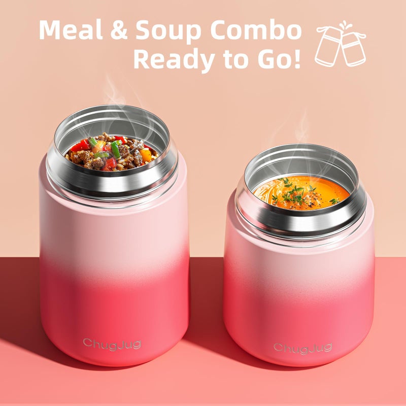 ChugJug 2 Pack Insulated Food Jar 26oz & 18oz, Thermo for Hot Food Vacuum Insulated Soup Container, Leak-Proof Stainless Steel Food Jar with Spoon, Cute Stylish Design for School Office Travel (Pink) - Image 3