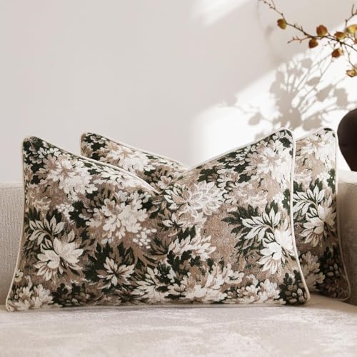 DEZENE Pack of 2 Vintage Floral Pillow Covers 12x20 Boho Farmhouse Accents Chenille Rectangular Lumbar Decorative Throw Pillow Cases for Living Room Couch Bed Home Decor Green and Taupe - Image 1