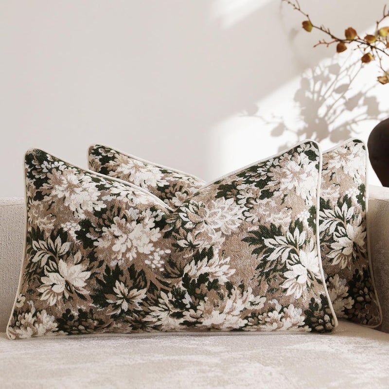 DEZENE Pack of 2 Vintage Floral Pillow Covers 12x20 Boho Farmhouse Accents Chenille Rectangular Lumbar Decorative Throw Pillow Cases for Living Room Couch Bed Home Decor Green and Taupe - Image 2