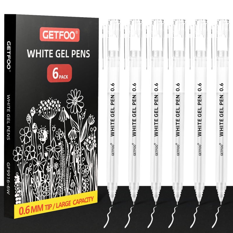 GETFOO White Gel Pens & Metallic Gel Markers - 0.6mm Fine Point Opaque Archival Ink Pens for Art, Coloring, Drawing, Sketching, Illustration, Adult Coloring Books, Card Making & Journaling, Pack of 6 - Image 1