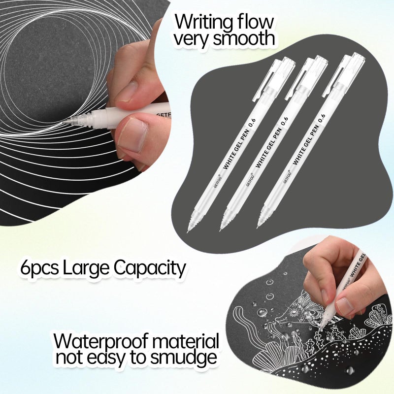 GETFOO White Gel Pens & Metallic Gel Markers - 0.6mm Fine Point Opaque Archival Ink Pens for Art, Coloring, Drawing, Sketching, Illustration, Adult Coloring Books, Card Making & Journaling, Pack of 6 - Image 3