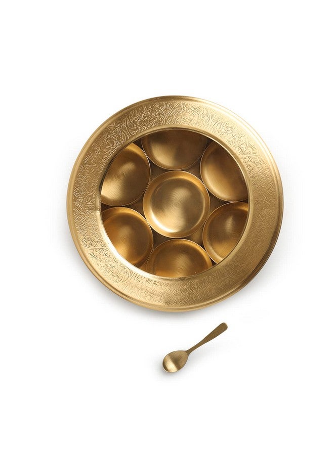 ExclusiveLane 'Floral Hand-Etched' Brass Masala Box For Kitchen Spice Box With Spoon (Brass, 7 Containers, 100 ML) | Masala Dani Spice Containers Brass Spice Box For Kitchen - Image 2