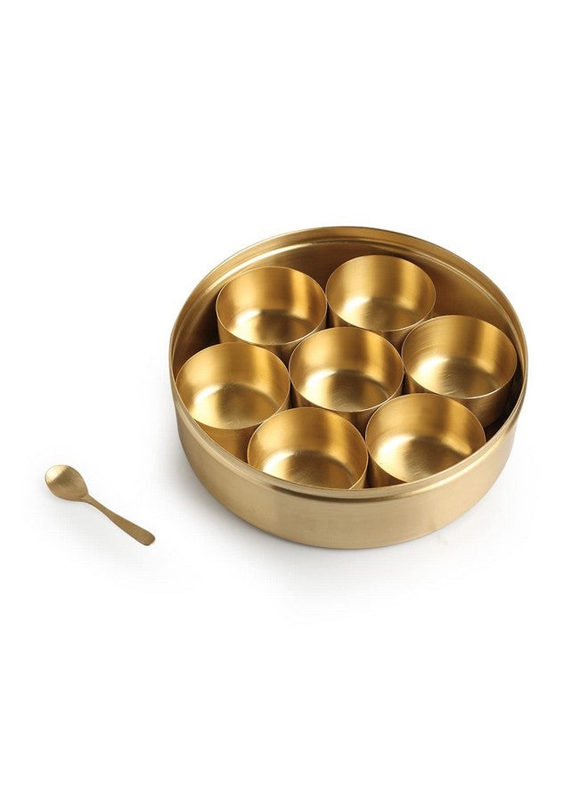 ExclusiveLane 'Floral Hand-Etched' Brass Masala Box For Kitchen Spice Box With Spoon (Brass, 7 Containers, 100 ML) | Masala Dani Spice Containers Brass Spice Box For Kitchen - Image 4