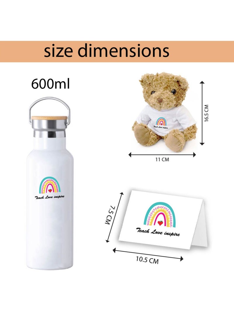 PRINTSHOP4ME - Teacher's Day Pack of 3 Combo Pack - Stainless Steel Bamboo Cap Flask Bottle 600ml, Teddy Bear and Greeting Card - Teacher's Day Gift Set - Gift for World Teachers Day - Image 1