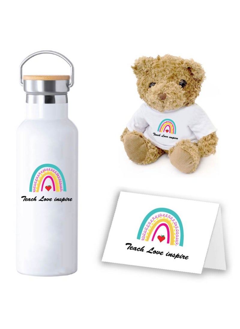 PRINTSHOP4ME - Teacher's Day Pack of 3 Combo Pack - Stainless Steel Bamboo Cap Flask Bottle 600ml, Teddy Bear and Greeting Card - Teacher's Day Gift Set - Gift for World Teachers Day - Image 1