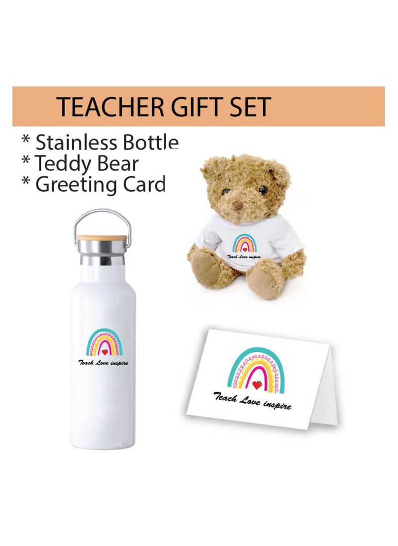 PRINTSHOP4ME - Teacher's Day Pack of 3 Combo Pack - Stainless Steel Bamboo Cap Flask Bottle 600ml, Teddy Bear and Greeting Card - Teacher's Day Gift Set - Gift for World Teachers Day - Image 1