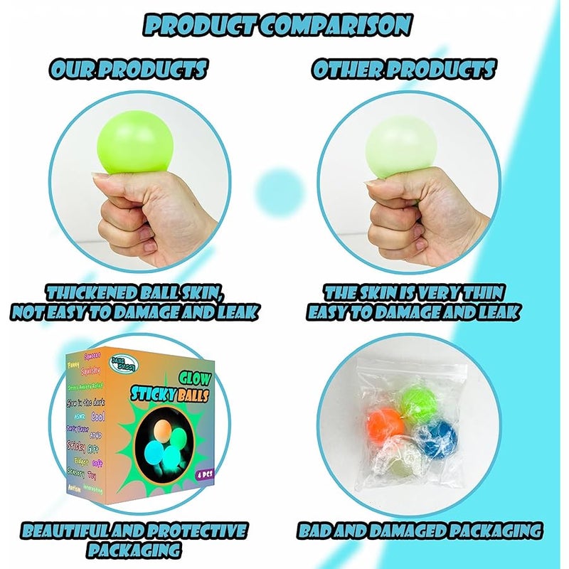 Glow in The Dark Ceiling Balls - Stress Relief and Sensory Toys for Adults and Kids - Sticky, Squishy Fidget Toys - Gifts (4Pcs) - Image 3