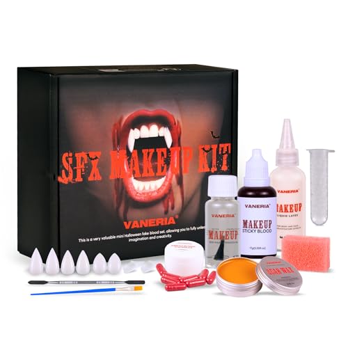 VANERIA Halloween Vampire Makeup Sfx KitLiquid LatexScar WaxFake Blood CapsulesVampire FangsScar OilPainting BrusheSpatulaStipple SpongeSpecial Effects Makeup Kit Professional - Image 1