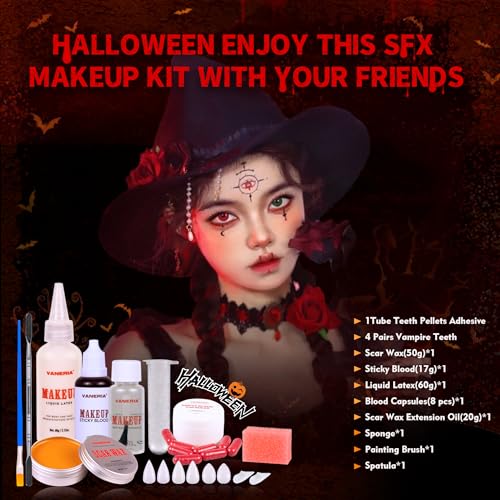 VANERIA Halloween Vampire Makeup Sfx KitLiquid LatexScar WaxFake Blood CapsulesVampire FangsScar OilPainting BrusheSpatulaStipple SpongeSpecial Effects Makeup Kit Professional - Image 3