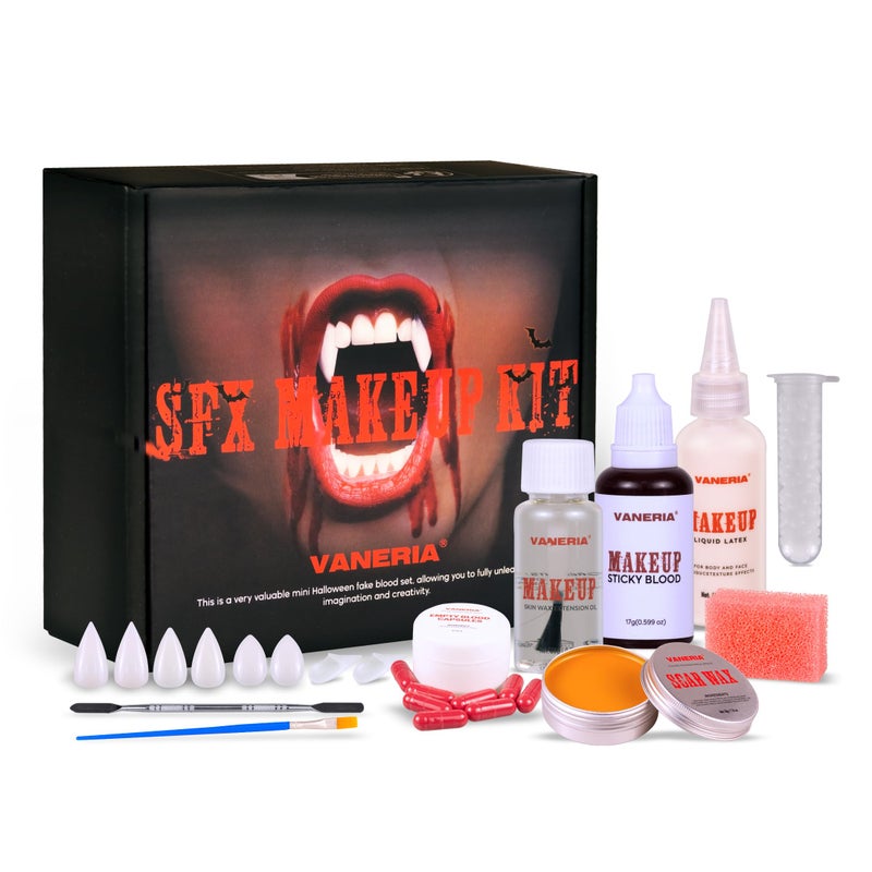 VANERIA Halloween Vampire Makeup Sfx KitLiquid LatexScar WaxFake Blood CapsulesVampire FangsScar OilPainting BrusheSpatulaStipple SpongeSpecial Effects Makeup Kit Professional - Image 2