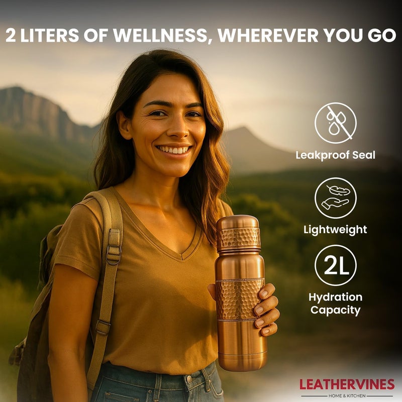 LEATHERVINES زجاجة ماء نحاسية 100% نقية من ليثرفاين سعة 64 أونصة مع غطاء | وعاء آيروفيديكي مانع للتسرب لدعم الهضم والمناعة | خفيفة الوزن وصديقة للبيئة للاستخدام أثناء السفر، أفضل هدية لعشاق الصحة - Image 4