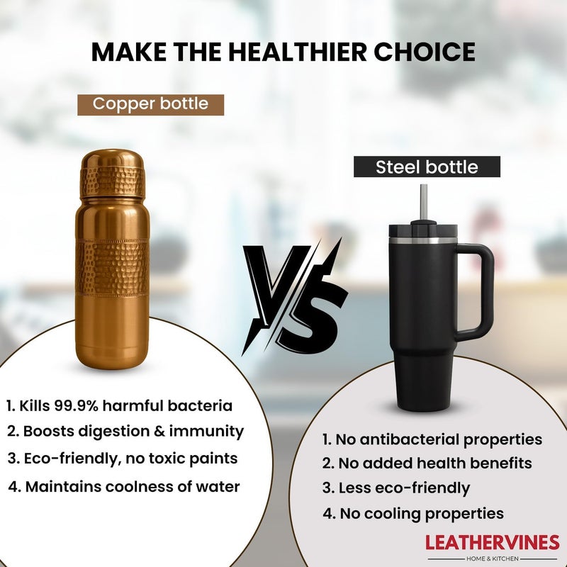 LEATHERVINES زجاجة ماء نحاسية 100% نقية من ليثرفاين سعة 64 أونصة مع غطاء | وعاء آيروفيديكي مانع للتسرب لدعم الهضم والمناعة | خفيفة الوزن وصديقة للبيئة للاستخدام أثناء السفر، أفضل هدية لعشاق الصحة - Image 5