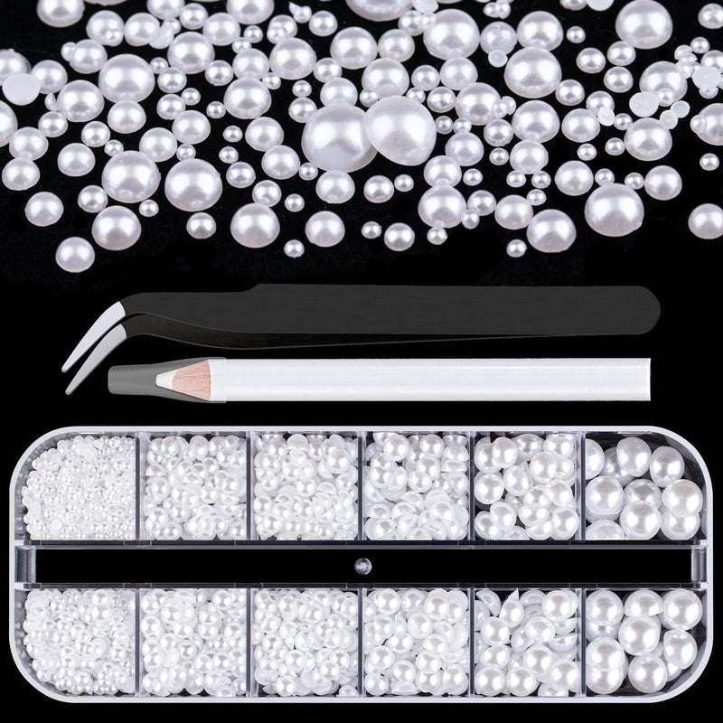 Belleboost Flat Back Pearls Kits 1 Box of Flatback White Half Round Pearls with Pickup Pencil and Tweezer for Home DIY and Professional Nail Art Face Makeup and Craft
