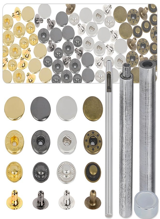 CNYMANY 80pcs Steel Snap, CNYMANY 0.59in Snap Fasteners Kit with 4 Setter Tools, Metal Fabric Snaps Heavy Duty Snaps Button Press Stud Cap for Jackets Clothes Wallet Leather Boat Canvas DIY Craft - 20 Set - Image 1