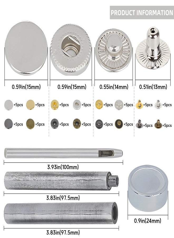 CNYMANY 80pcs Steel Snap, CNYMANY 0.59in Snap Fasteners Kit with 4 Setter Tools, Metal Fabric Snaps Heavy Duty Snaps Button Press Stud Cap for Jackets Clothes Wallet Leather Boat Canvas DIY Craft - 20 Set - Image 2