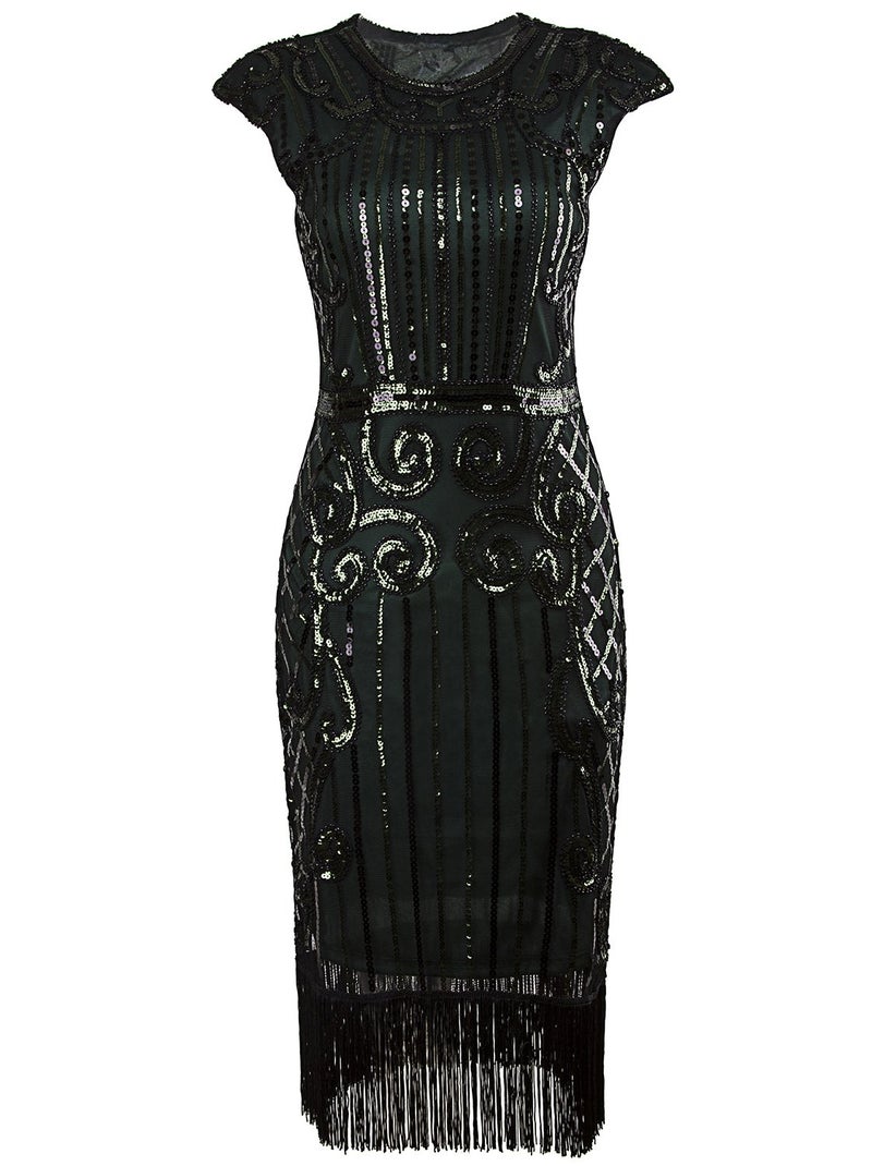 Vijiv 1920s Vintage Inspired Sequin Embellished Fringe Long Gatsby Flapper Dress,Dark Green,XX-Large - Image 2