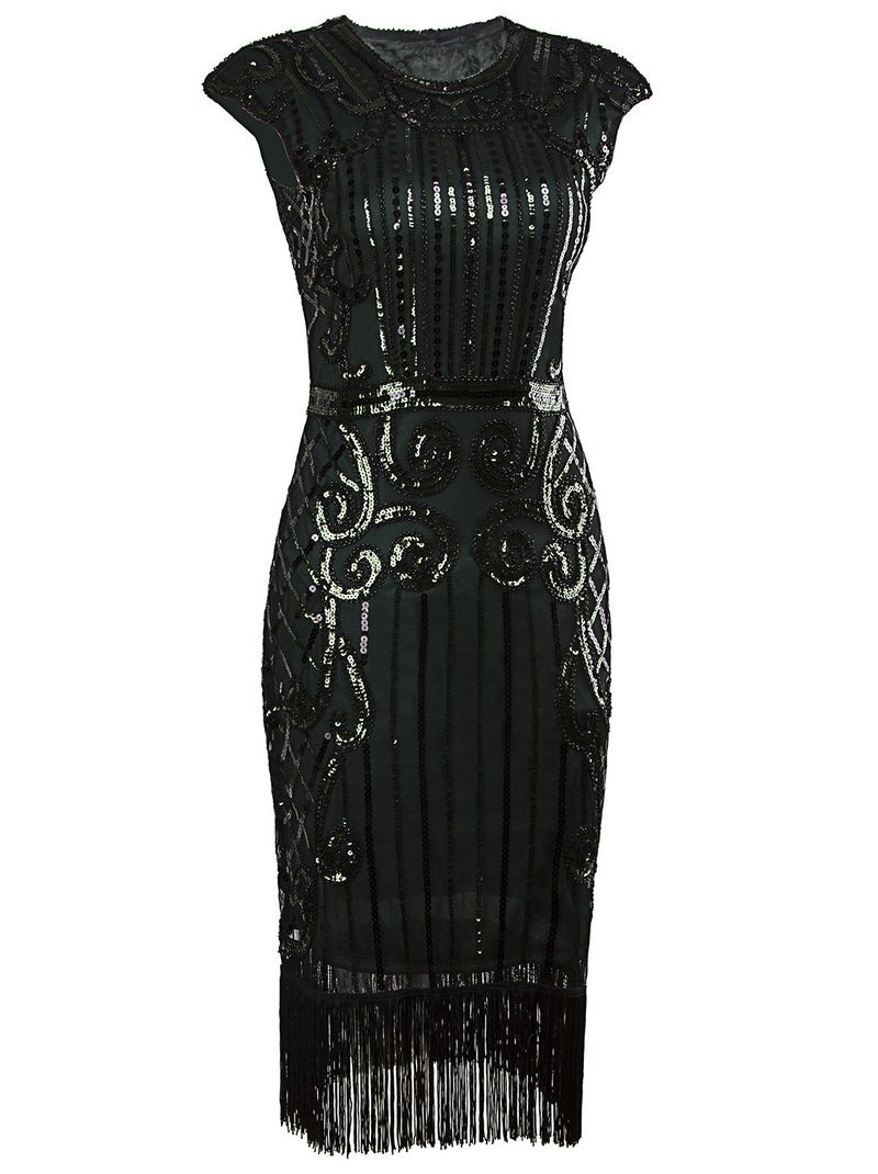 Vijiv 1920s Vintage Inspired Sequin Embellished Fringe Long Gatsby Flapper Dress,Dark Green,XX-Large - Image 1