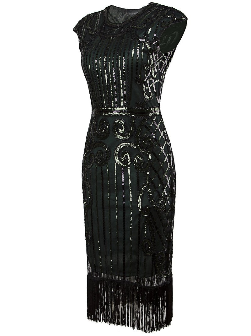 Vijiv 1920s Vintage Inspired Sequin Embellished Fringe Long Gatsby Flapper Dress,Dark Green,XX-Large - Image 3
