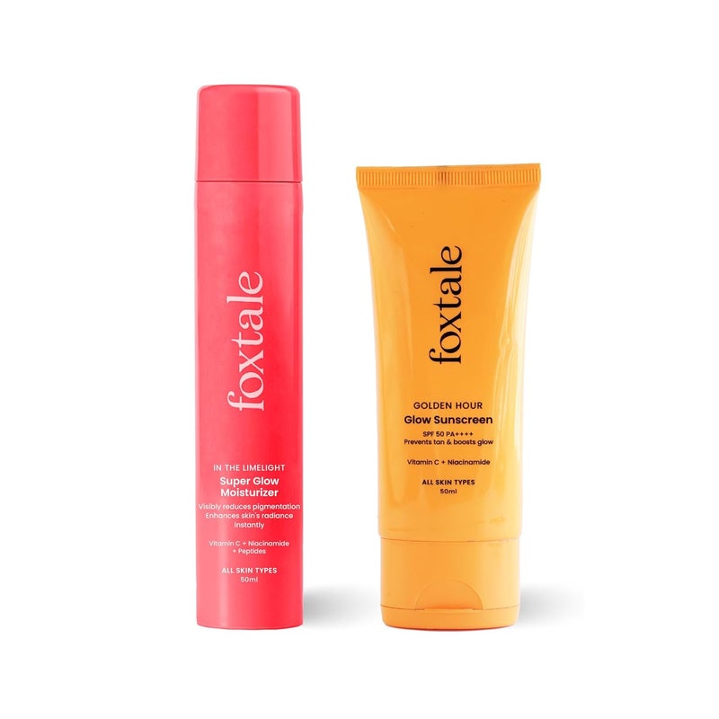 foxtale ثنائي توهج فوكس تيل الذهبي واقي شمس SPF 50 مرطب توهج فائق فيتامين C نياسيناميد ببتيدات يضيء يرطب يمنع تان تصبغ خفيف الوزن غير لزج بدون أثر أبيض لجميع أنواع البشرة أساسيات الصيف - Image 1