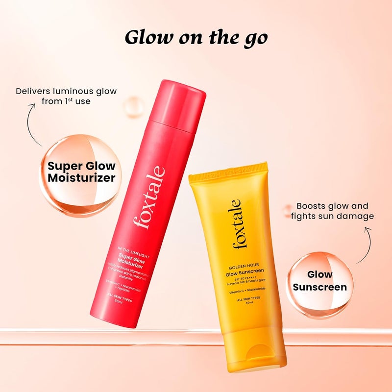 foxtale ثنائي توهج فوكس تيل الذهبي واقي شمس SPF 50 مرطب توهج فائق فيتامين C نياسيناميد ببتيدات يضيء يرطب يمنع تان تصبغ خفيف الوزن غير لزج بدون أثر أبيض لجميع أنواع البشرة أساسيات الصيف - Image 2
