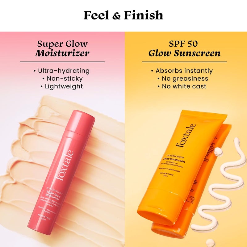 foxtale ثنائي توهج فوكس تيل الذهبي واقي شمس SPF 50 مرطب توهج فائق فيتامين C نياسيناميد ببتيدات يضيء يرطب يمنع تان تصبغ خفيف الوزن غير لزج بدون أثر أبيض لجميع أنواع البشرة أساسيات الصيف - Image 4