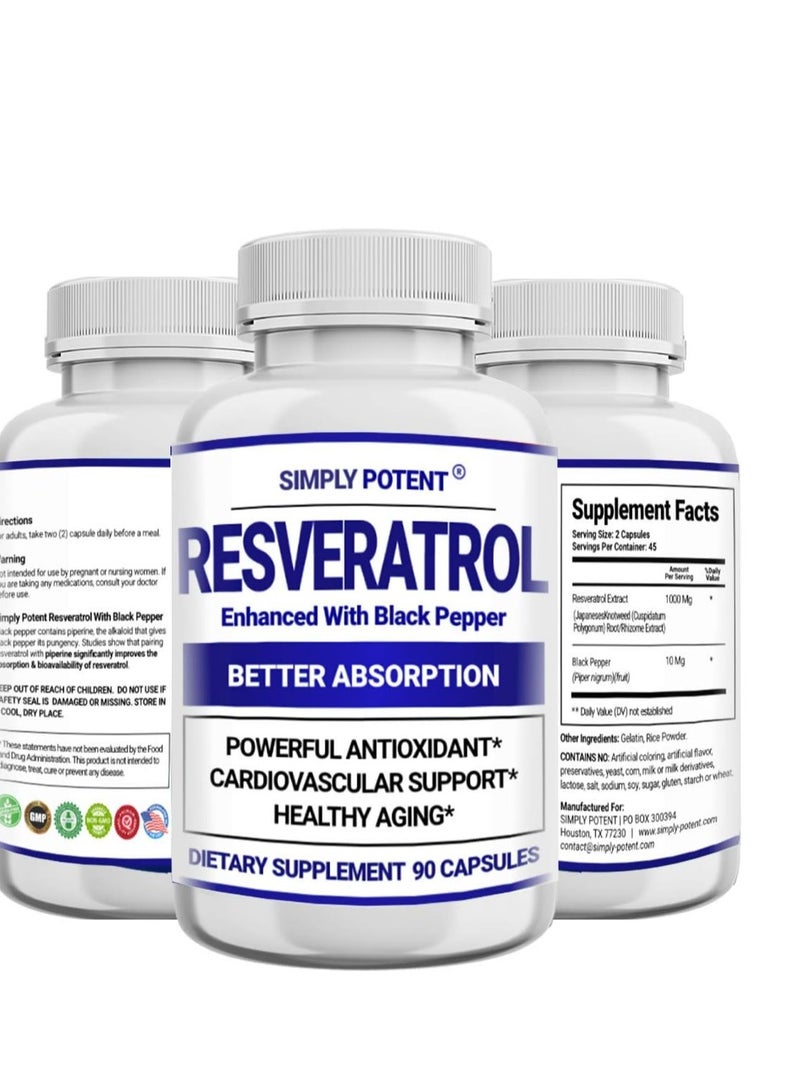 Simply Potent Resveratrol 1000mg Immune & Skin Health, 90 Capsules 45 Servings - Image 1