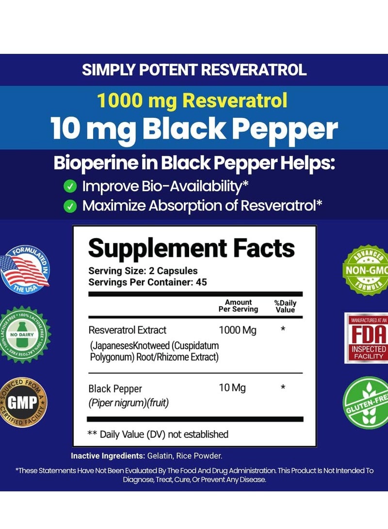 Simply Potent Resveratrol 1000mg Immune & Skin Health, 90 Capsules 45 Servings - Image 2