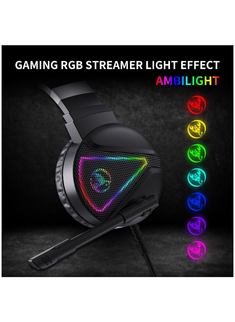 HXSJ - 4-in-1 ENGLISH/ARABIC Gaming Keyboard Mouse Combo 104 Keys Rainbow Backlit Mechanical Keyboard RGB Backlit 5500 DPI Lightweight Gaming Mouse 3.5mm Gaming Stereo Headset For Pc Laptop Computer Black - Image 1